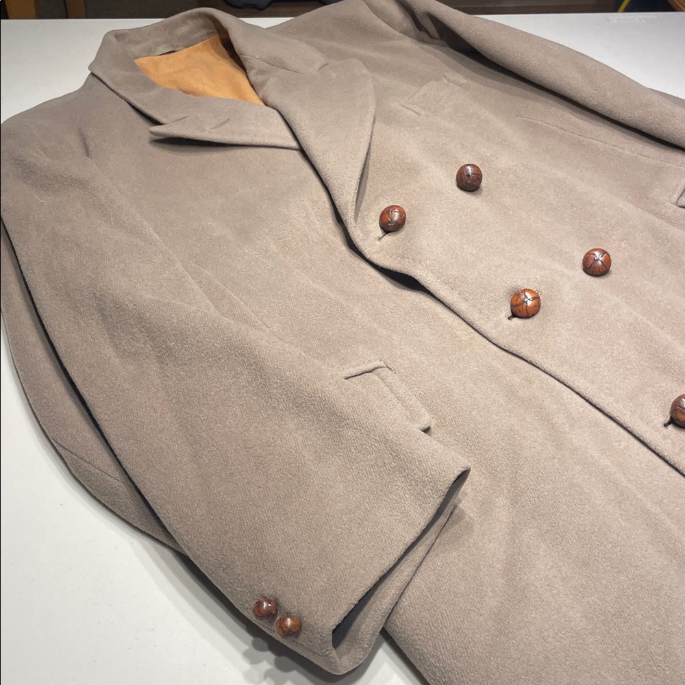 Crombie Taupe Virgin Wool Double-Breasted Overcoat - Size 46-47 XL - Picture 5 of 11